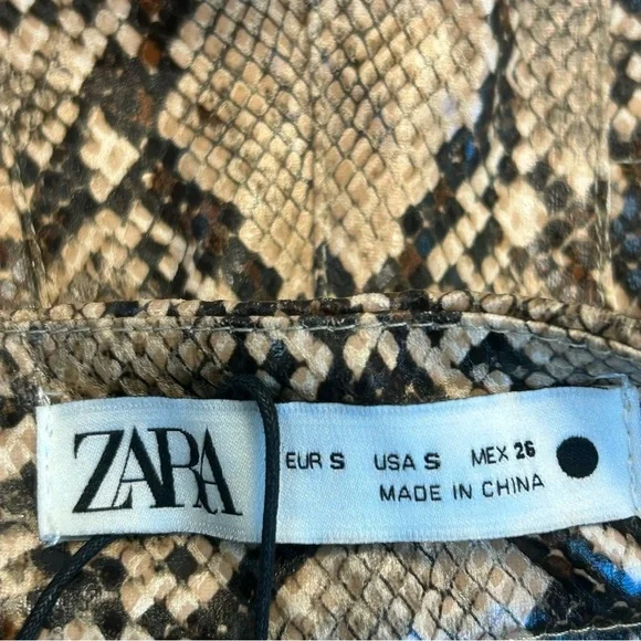 Zara Snake Print Faux Leather Pants Sand Brown High Waist Sz S
